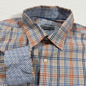 Johnston Murphy Mens Plaid Button Down Shirt Tailored Fit Blue Orange Flip Cuff‎